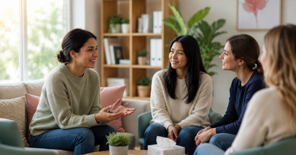 Women participating in a supportive recovery counseling session at a female addiction recovery center