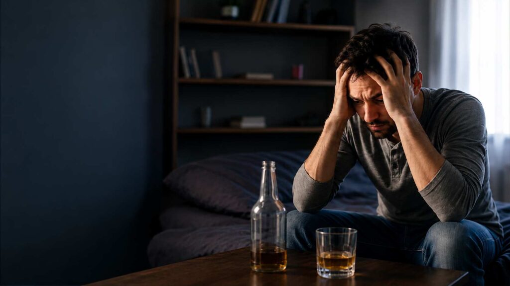 Man experiencing alcohol withdrawal symptoms during recovery with alcohol bottle on table