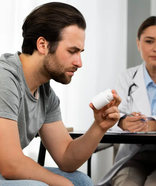 Man holding a container of pills related to drug addiction and substance abuse